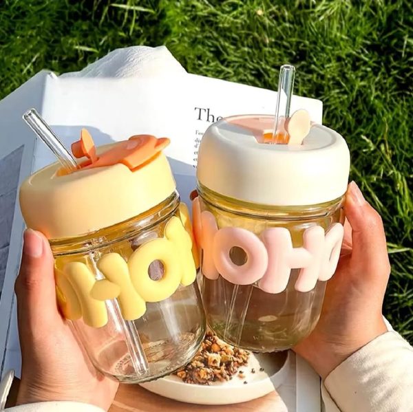 Cute Glass Straw Cup – 350ml Water Cup With Straw, Lid & Chain Handle
