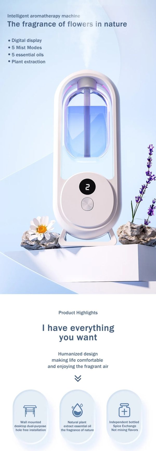 Rechargeable 5-mode Aromatic Diffuser – Timed Essential Oil Air Freshener For Bedroom,