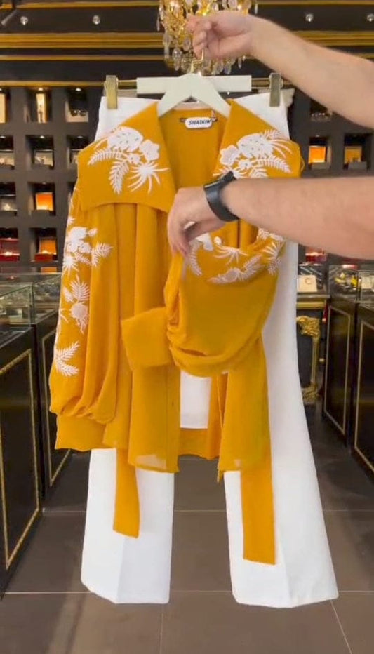 Women’s 3-piece Mustard Embroidered Chiffon Western Maxi Set