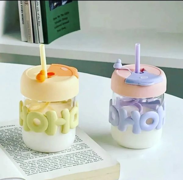 Cute Glass Straw Cup  – 350ml Water Cup With Straw, Lid & Chain Handle
