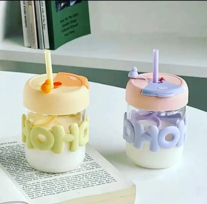 Cute Glass Straw Cup  – 350ml Water Cup With Straw, Lid & Chain Handle