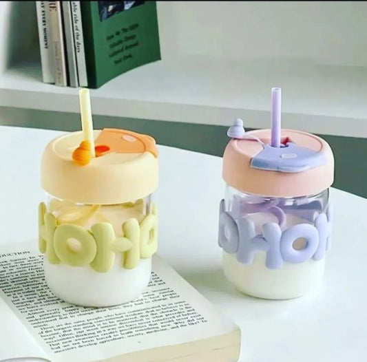 Cute Glass Straw Cup  – 350ml Water Cup With Straw, Lid & Chain Handle