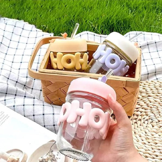 Cute Glass Straw Cup  – 350ml Water Cup With Straw, Lid & Chain Handle