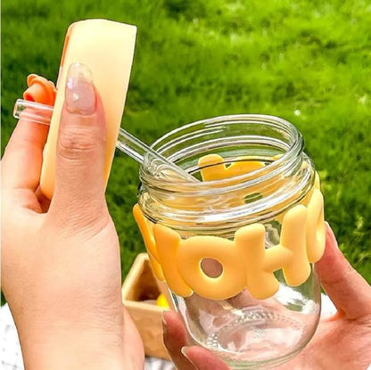 Cute Glass Straw Cup  – 350ml Water Cup With Straw, Lid & Chain Handle