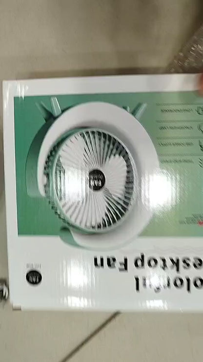 7 Colors Led Atmosphere Light Mini Electric Fan Portable Table Fan Quiet Usb Rechargeable Fan 3 Speeds 180°adjustable Fan