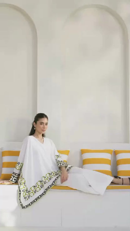 Women’s 3-piece Swiss Lawn Printed Suit – White, Medium Size, Shirt, Trouser & Inner Set, Elegant Summer Outfit